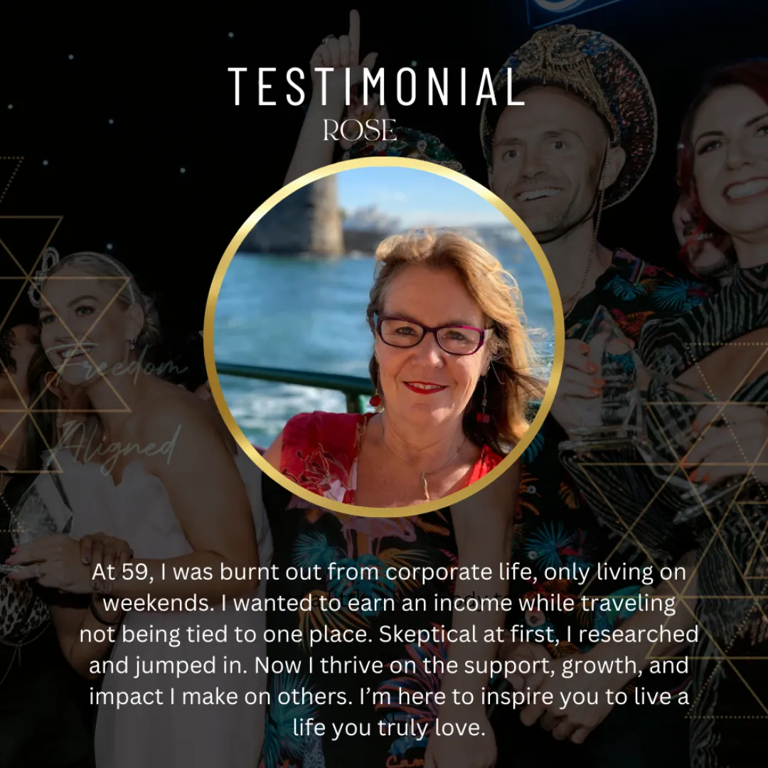 Testimonial from Mika, a 53-year-old single mom and Emotional Intelligence Coach, sharing her transformation within a supportive community. Features her smiling portrait in a gold-framed circle with a background of people celebrating, symbolizing personal growth, creativity, and empowerment