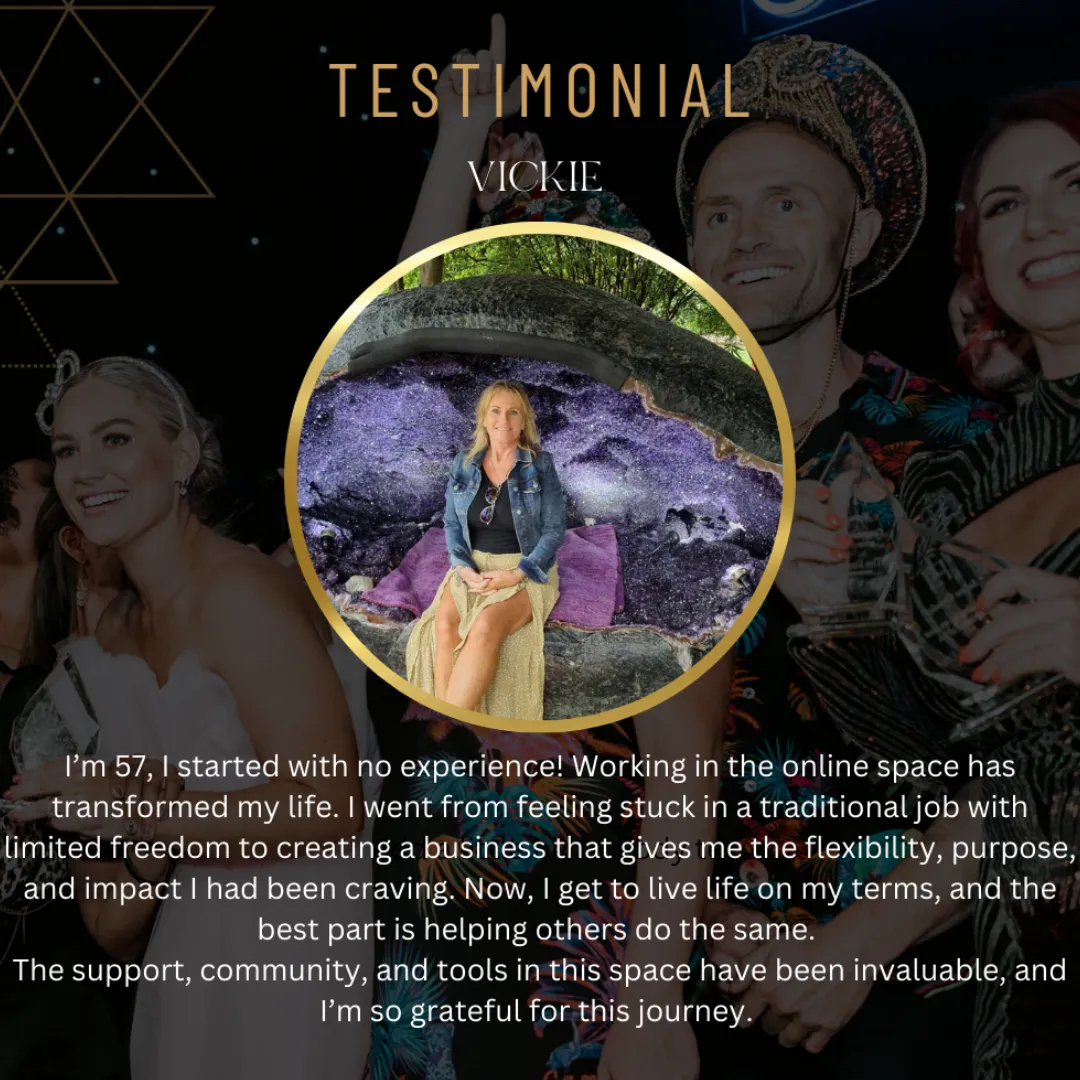Testimonial from Debbie Mewes, sharing her journey from burnout to building a leveraged online business with high-end products and commissions. Features her smiling portrait in a gold-framed circle, set against a celebratory background symbolizing freedom, success, and financial independence