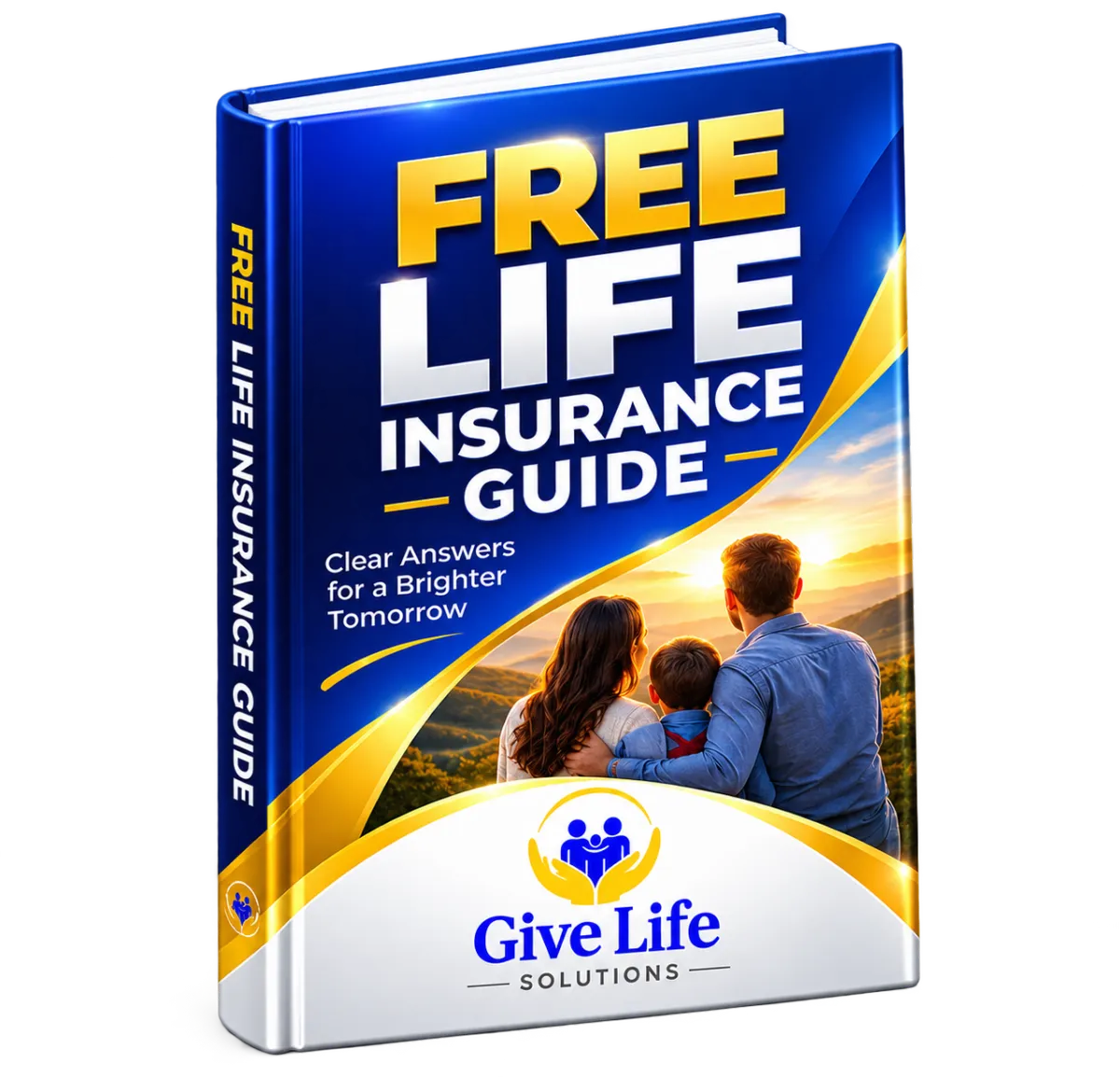 3D rendering of a 'Free Life Insurance Guide' book showing a family watching a sunset