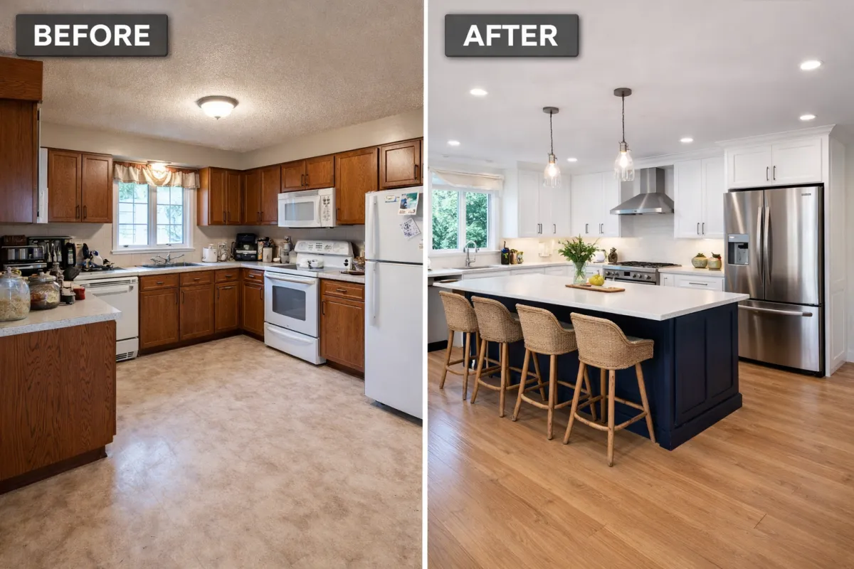Montage photo avant après d’une même cuisine : à gauche cuisine ancienne sombre avec meubles datés, à droite cuisine rénovée claire avec îlot, crédence moderne et éclairage travaillé, vue frontale légèrement en angle.