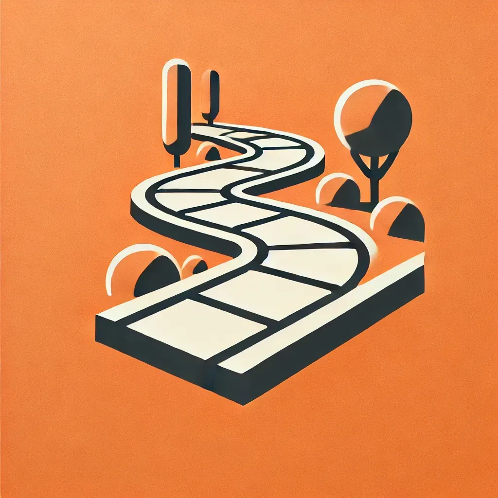 Concrete walkways icon featuring a stylized winding pathway through a landscaped area, leading to a garden or home entrance in an orange color scheme. Ideal for decorative concrete paths, sidewalks, and walkways.