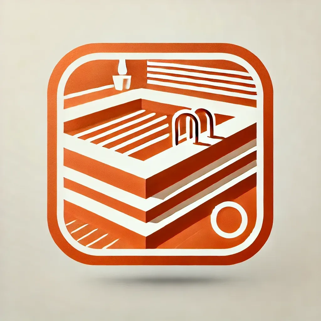 Concrete pool decks icon featuring a stylized swimming pool with a well-paved, durable concrete deck in an orange color scheme. Ideal for pool deck installations, resurfacing, and slip-resistant coatings.