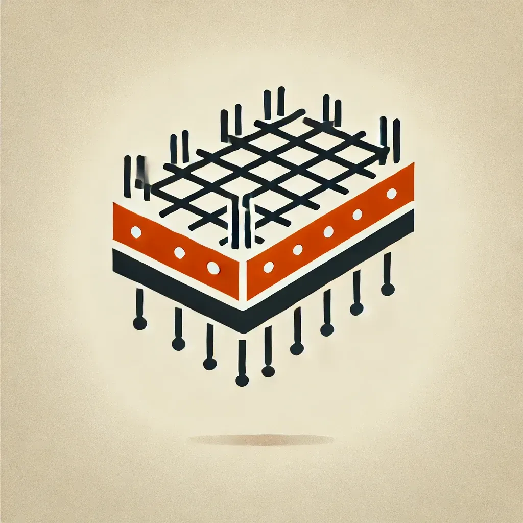 Concrete foundation slabs icon featuring a reinforced concrete slab foundation in an orange color scheme. Ideal for structural foundations, shed slabs, and screen enclosure bases.