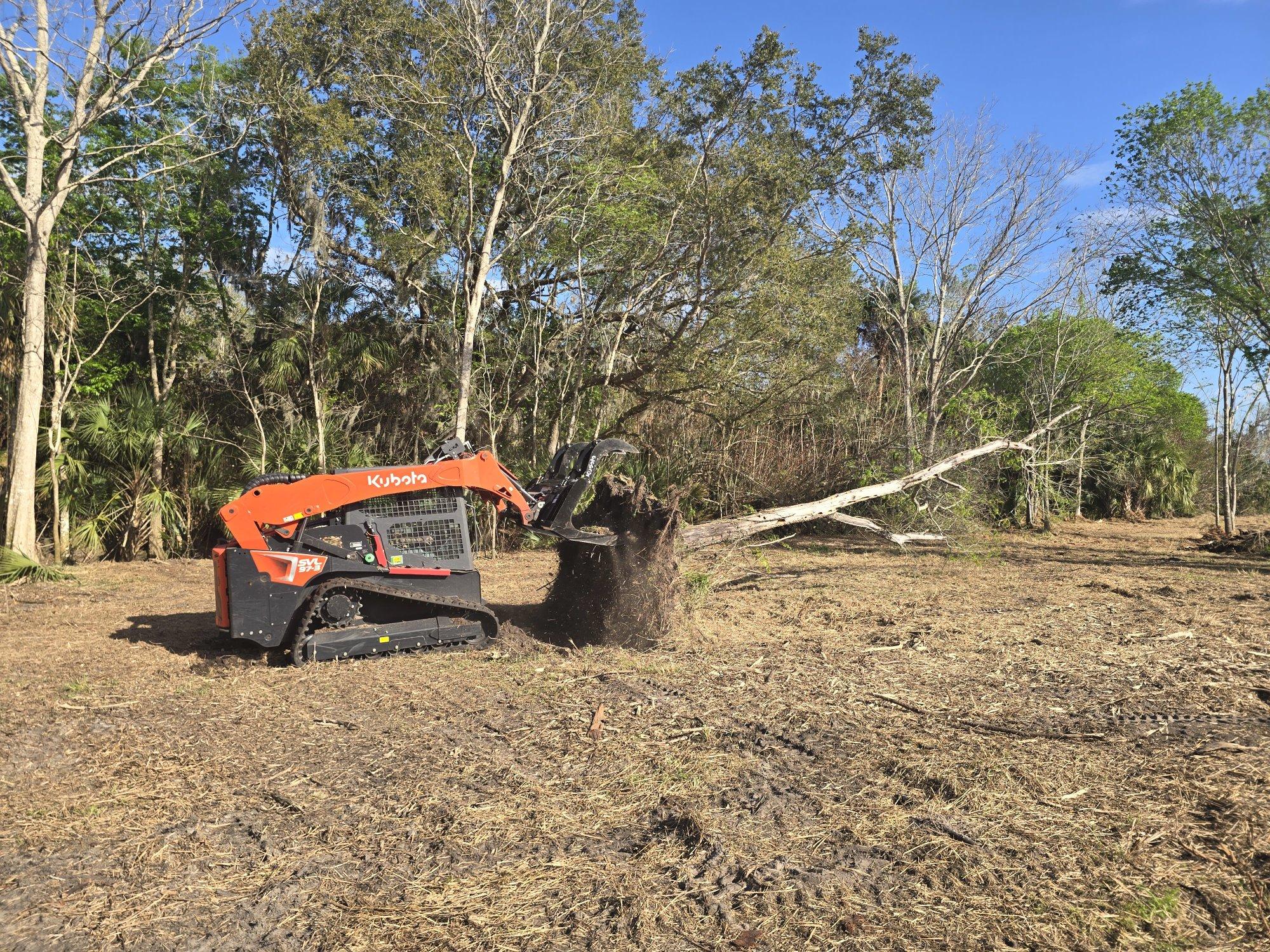 Kubota tracked loader uprooting a tree stump on a cleared lot in Lake Helen FL
