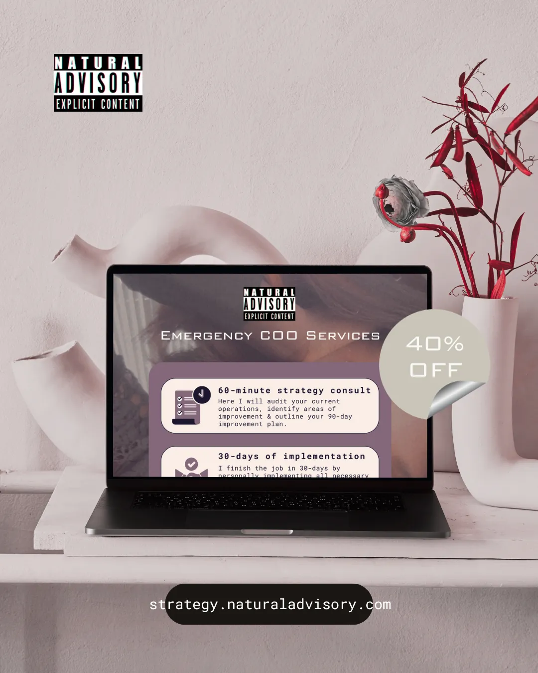 Laptop on a desk showing the Natural Advisory, ND. Emergency COO Service flyer for healthcare professionals