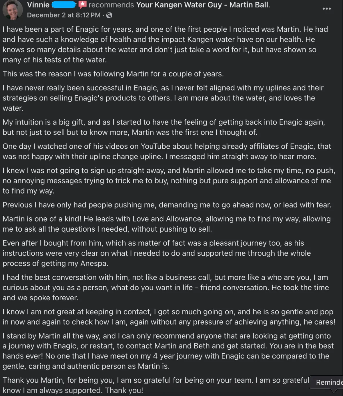 Facebook Testimonial - Vinnie