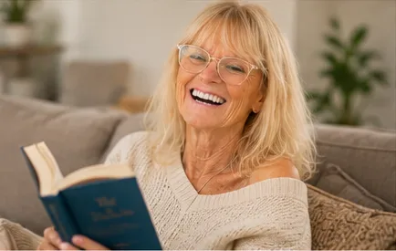 a blonde woman reading book
