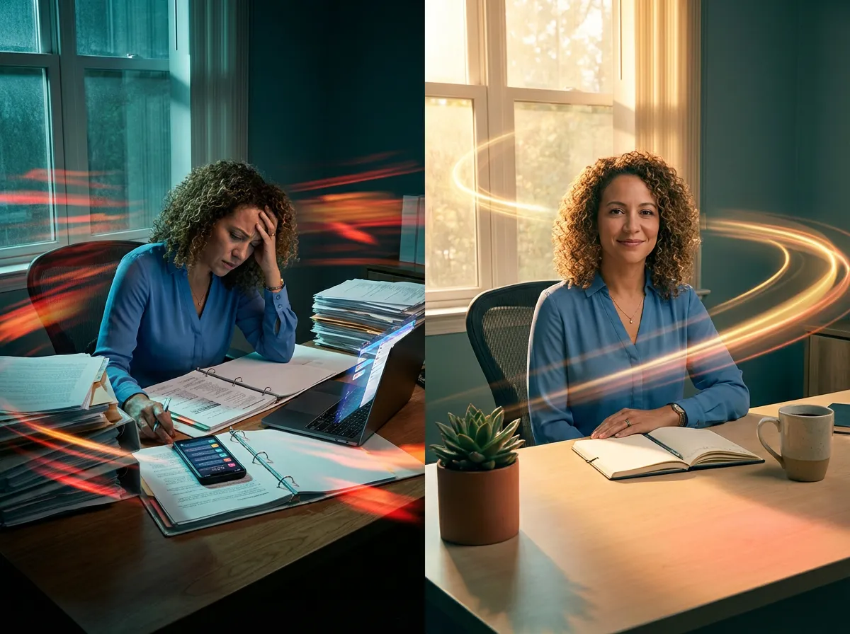 Split-screen photo of a therapist in an office: on the left she looks overwhelmed at a cluttered desk with paperwork and a glowing phone, and on the right she looks calm at a tidy desk in warm sunlight with a notebook and plant, showing a shift from chaos to grounded focus.