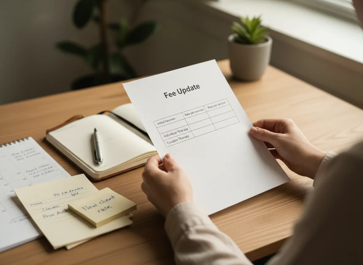 Hands hold a “Fee Update” sheet above a tidy desk with an open calendar, notebook, and a small stack of insurance paperwork, in a warm, calm therapy office.