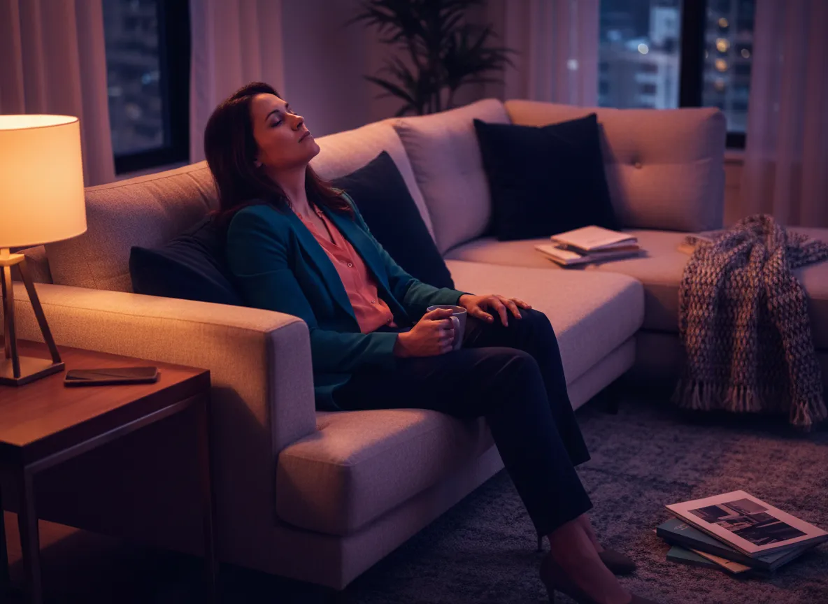 Woman resting on a couch in the evening, showing post-work fatigue and shutdown