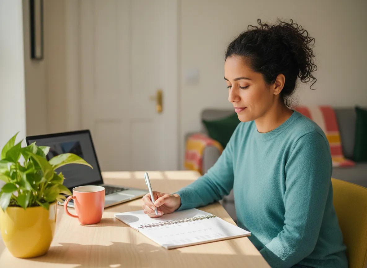 Therapist planning next steps at a desk in a home office, representing clarity and boundaries during a private pay transition.