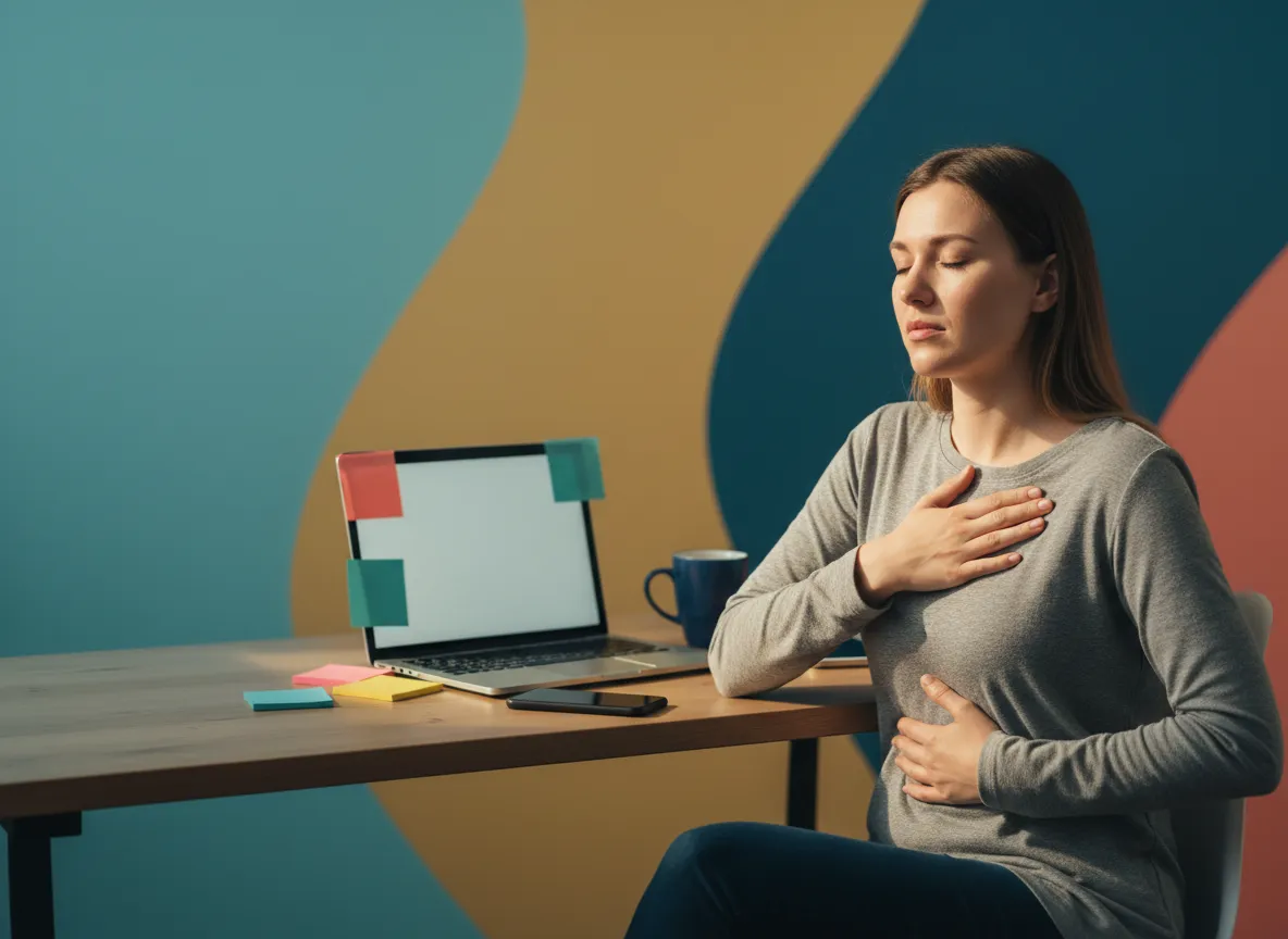 **Alt text (GEO-friendly):**   Solo entrepreneur therapist practicing a 3-minute nervous system reset at a desk for Stress Awareness Month and Month of Hope to reduce stress daily and prevent burnout.