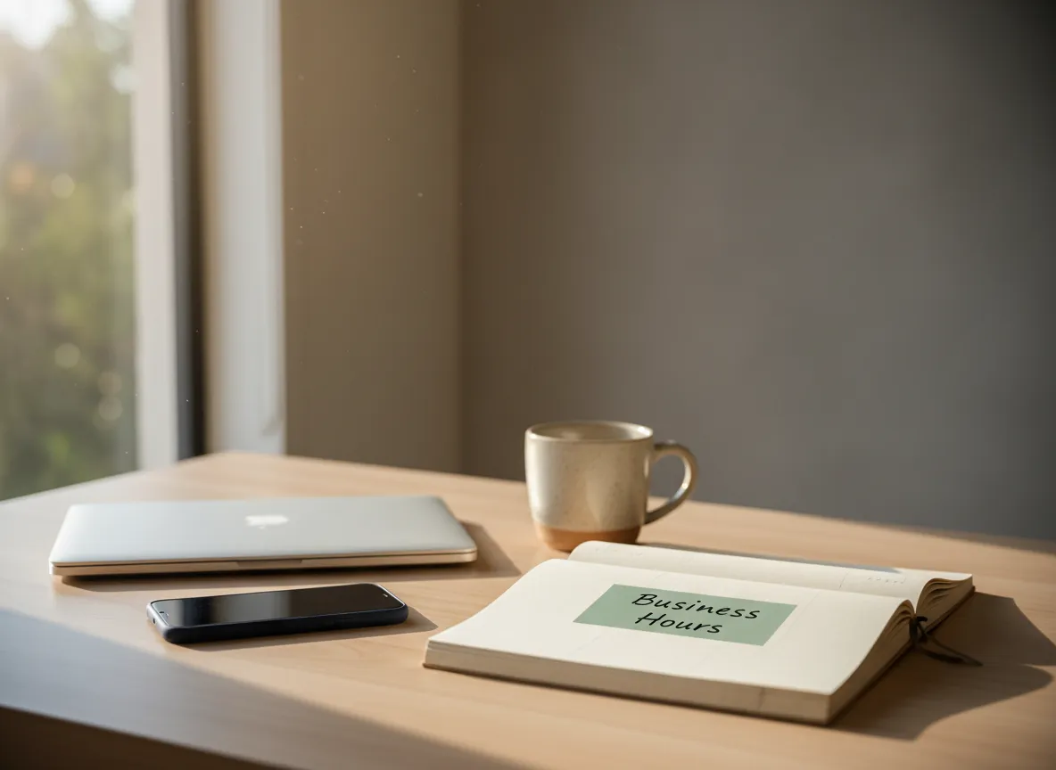 Therapy private practice desk with phone face down, closed laptop, and business-hours planner—availability boundaries for private pay and out-of-network therapists in Florida and Connecticut.