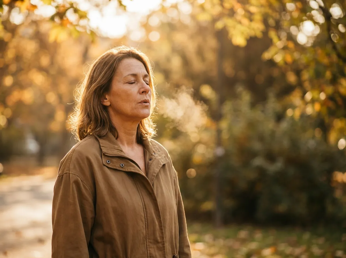 A confident woman outdoors in warm sunlight, exhaling with relief and a steady, determined expression.