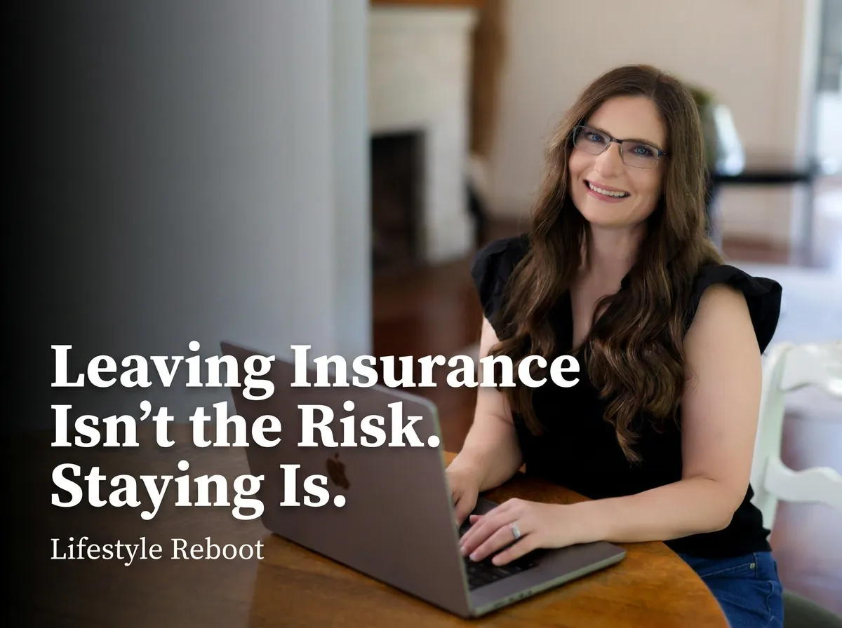 Meg Young, Therapist, sitting at a laptop; text overlay reads: Leaving Insurance Isn't the Risk. Staying Is. — Lifestyle Reboot