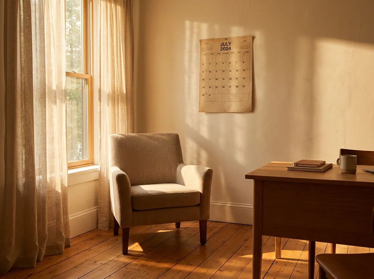 Therapist office with a chair, desk, and soft light coming in the window