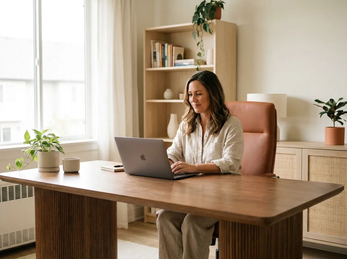 Therapist at desk with clarity and focus and an intentional workspace