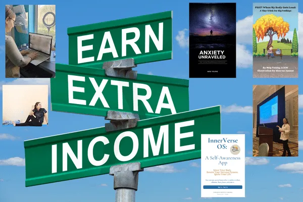 A sign post with "earn/extra/income" as the signs. Top left is Meg with a virtual group, under that is Meg in a yoga pose, top right are two books Meg wrote, under that is Meg speaking at a conference, under that is Innerverse OS app - an app Meg developed.