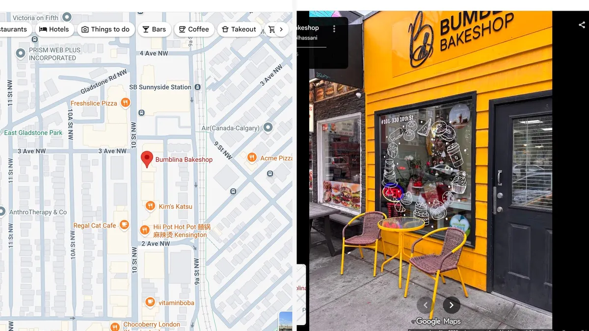 Minimalist map and storefront location of Bumblina Bakeshop in Kensington London
