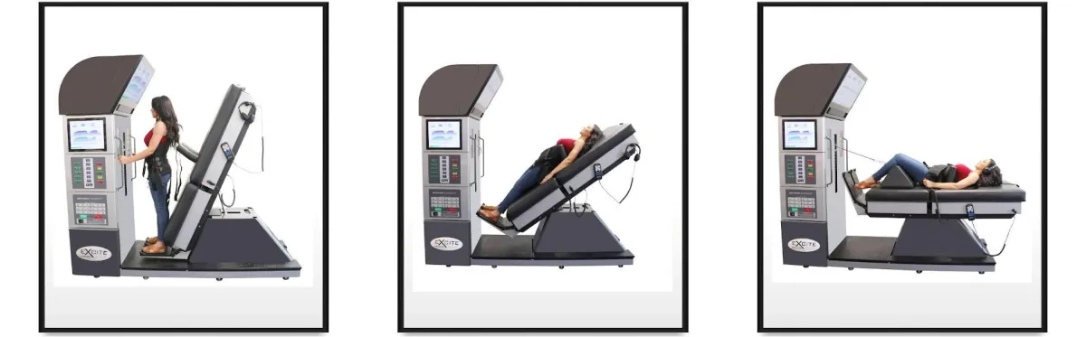 (first image) Patient standing upright and secured with harness on DRX9000 spinal decompression machine before treatment begins.  Second image (tilted position): Patient reclined on DRX9000 table as it tilts backward to prepare for spinal decompression therapy.  Third image (treatment position): Patient lying flat and relaxed on DRX9000 spinal decompression table during active treatment session