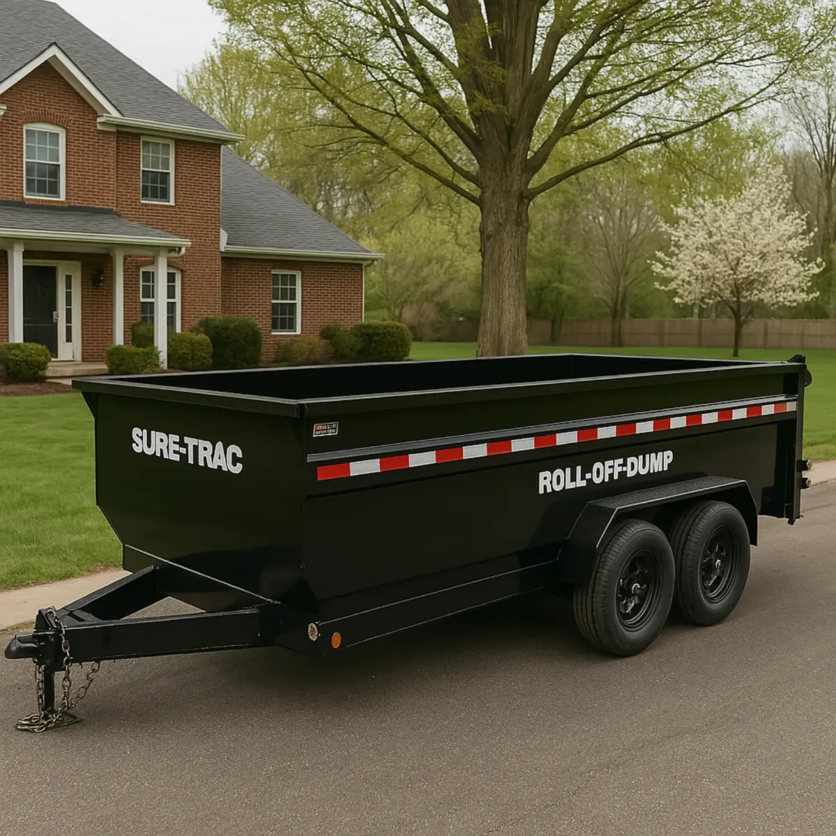 Sure-Trac roll-off dumpster placed in front of a suburban brick house, ready for residential cleanup.