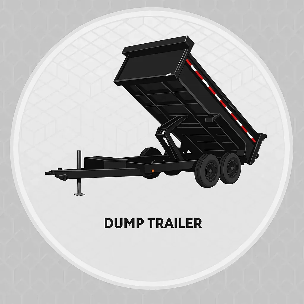 Vector illustration of a dump trailer with raised bed on a patterned background.