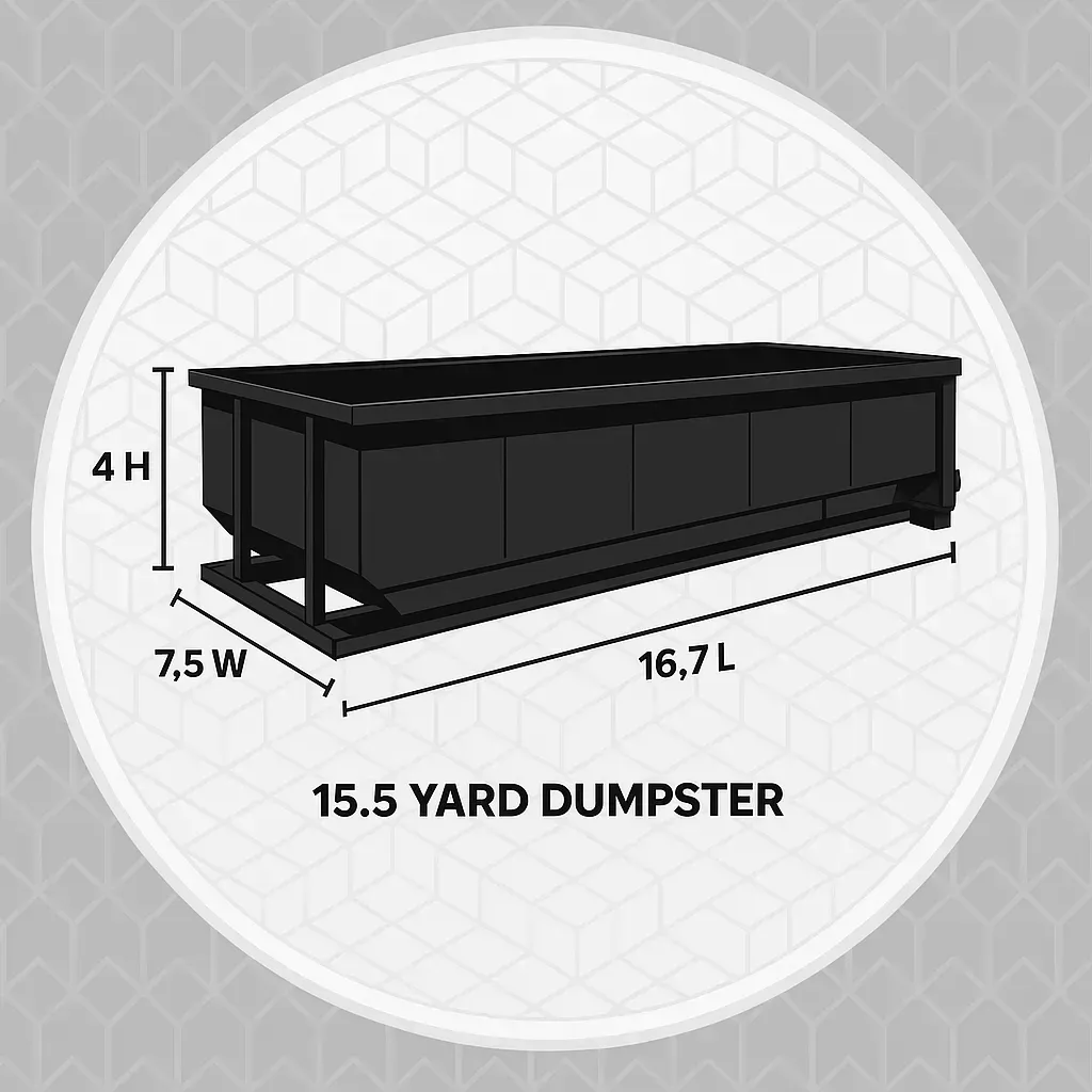Diagram showing dimensions of a 15.5-yard dumpster with height, width, and length labels.