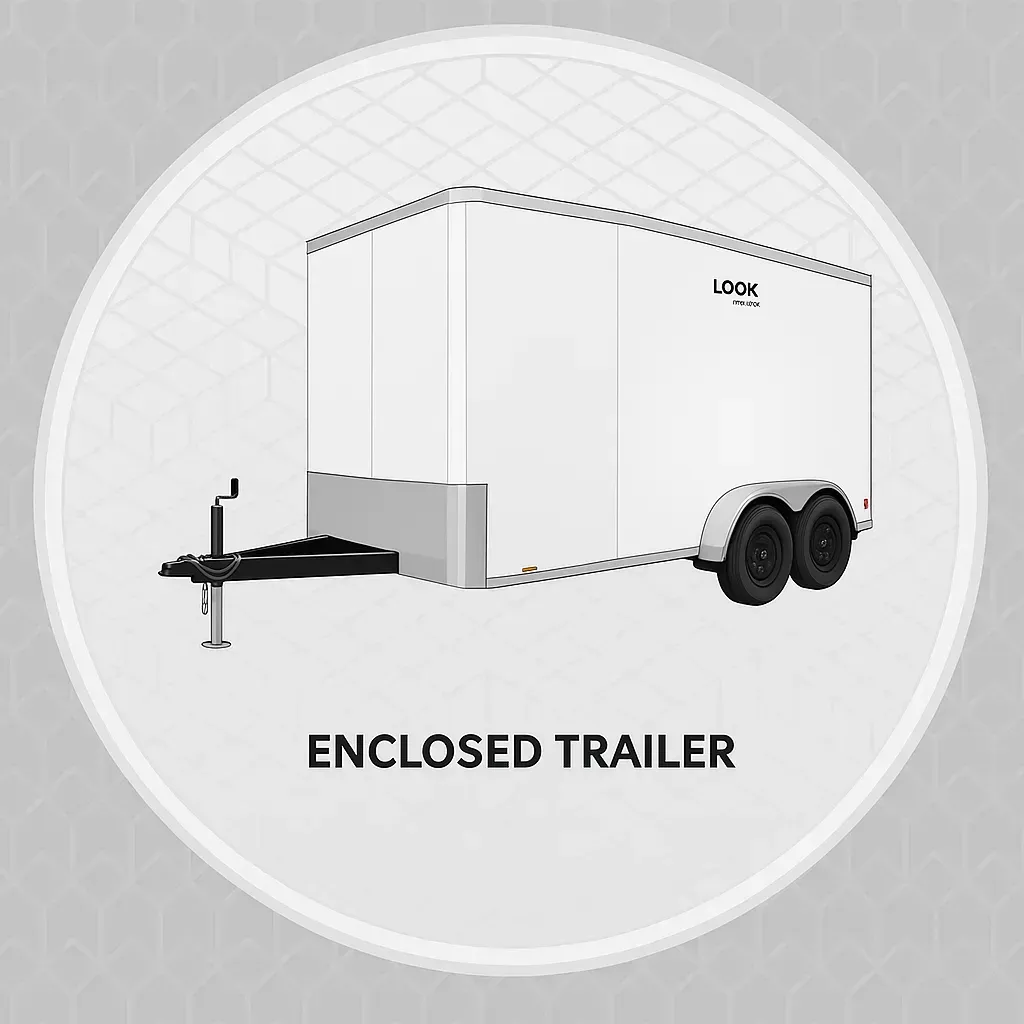 Vector graphic of a white enclosed trailer with dual axles on gray geometric background.