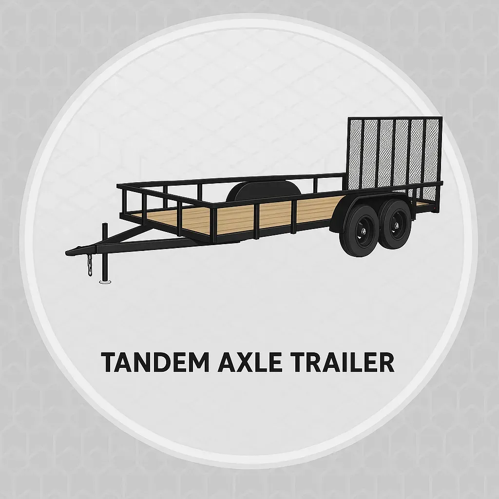 Illustrated tandem axle utility trailer with wooden deck and rear ramp on a patterned background.