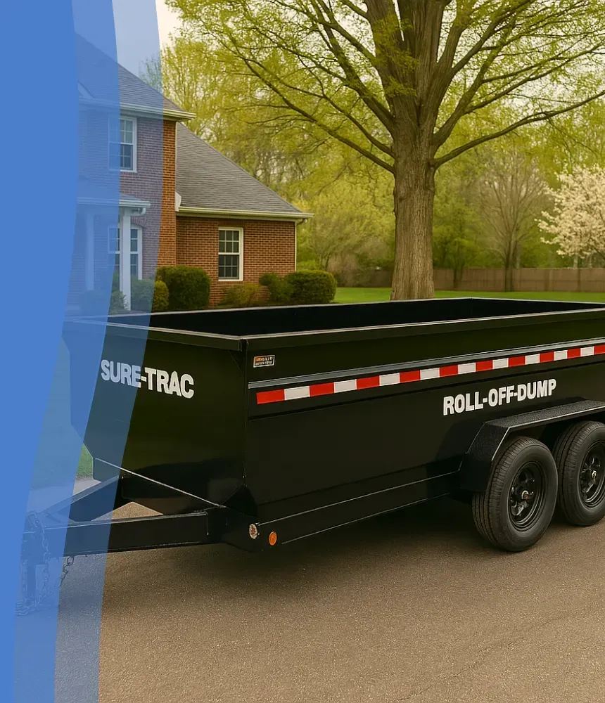 Empty roll-off dumpster trailer parked in a residential driveway near a brick home.