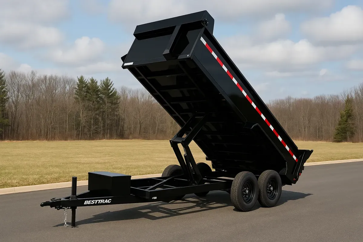Black hydraulic dump trailer with raised bed parked on asphalt near a grassy field.