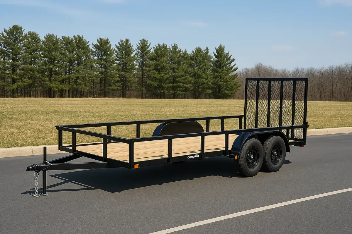 Open utility trailer with wooden deck and ramp gate parked near a tree line.