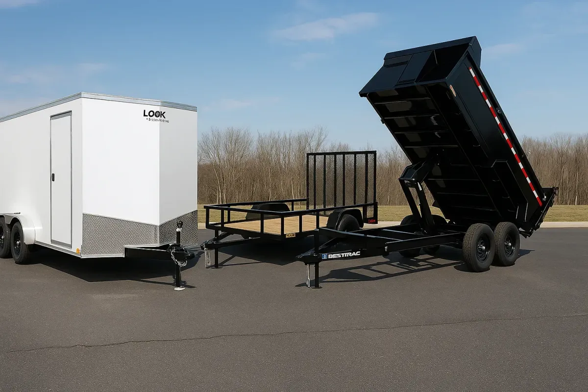 Dump trailer, utility trailer, and enclosed trailer parked side by side on asphalt.