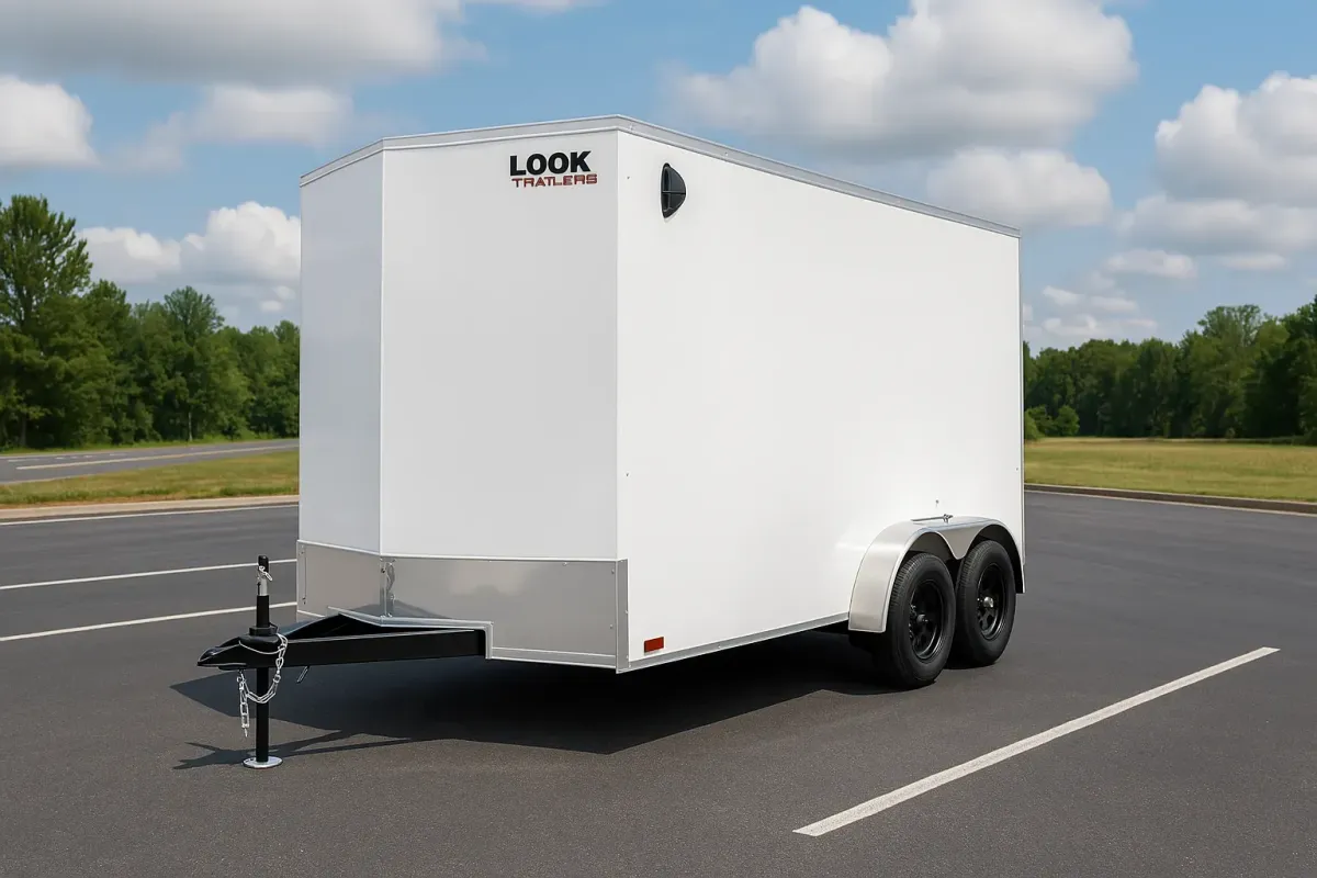  White enclosed Look trailer with tandem axles parked in an empty lot.