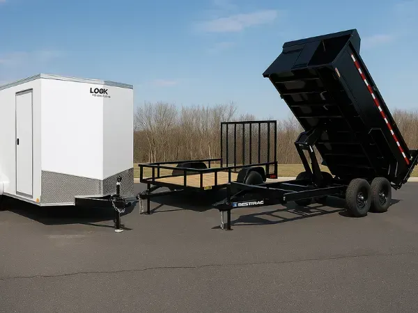 Open utility trailer with wooden deck and mesh ramp gate parked in an asphalt lot near grassy area.
