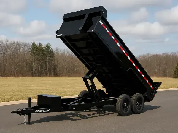  Black dump trailer with hydraulic bed tilted upward on a clean asphalt surface.