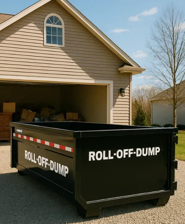 Roll-off dumpster placed in the driveway of a suburban home during a garage cleanout