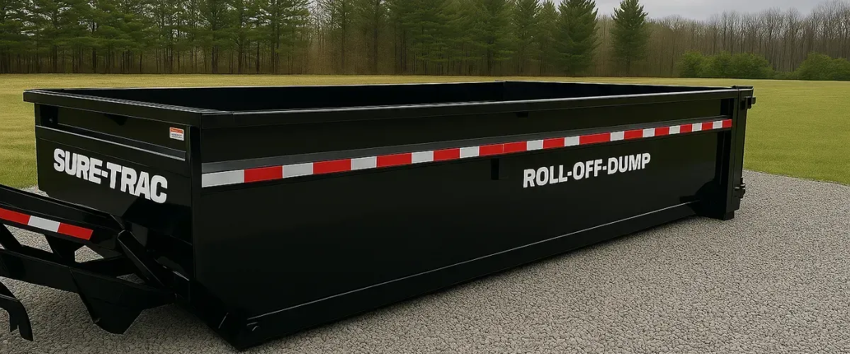 Black roll-off dumpster on a gravel area with trees in the background