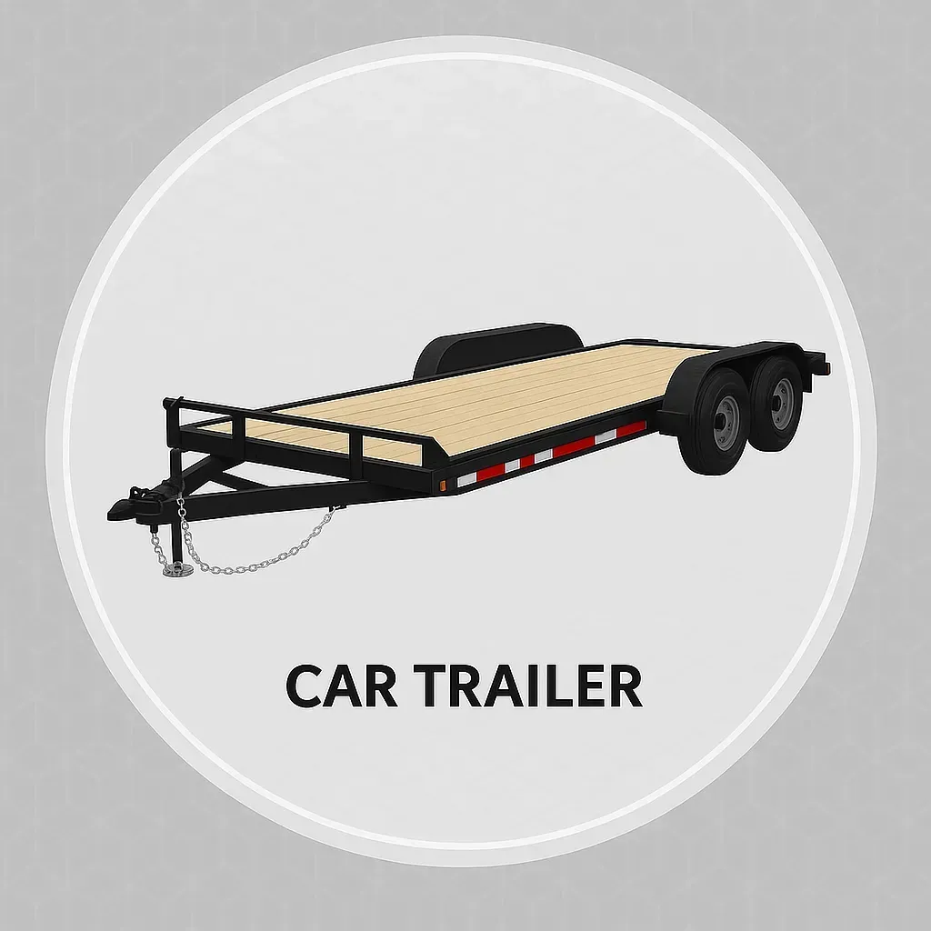 Illustrated tandem axle utility trailer with wooden deck and rear ramp on a patterned background.