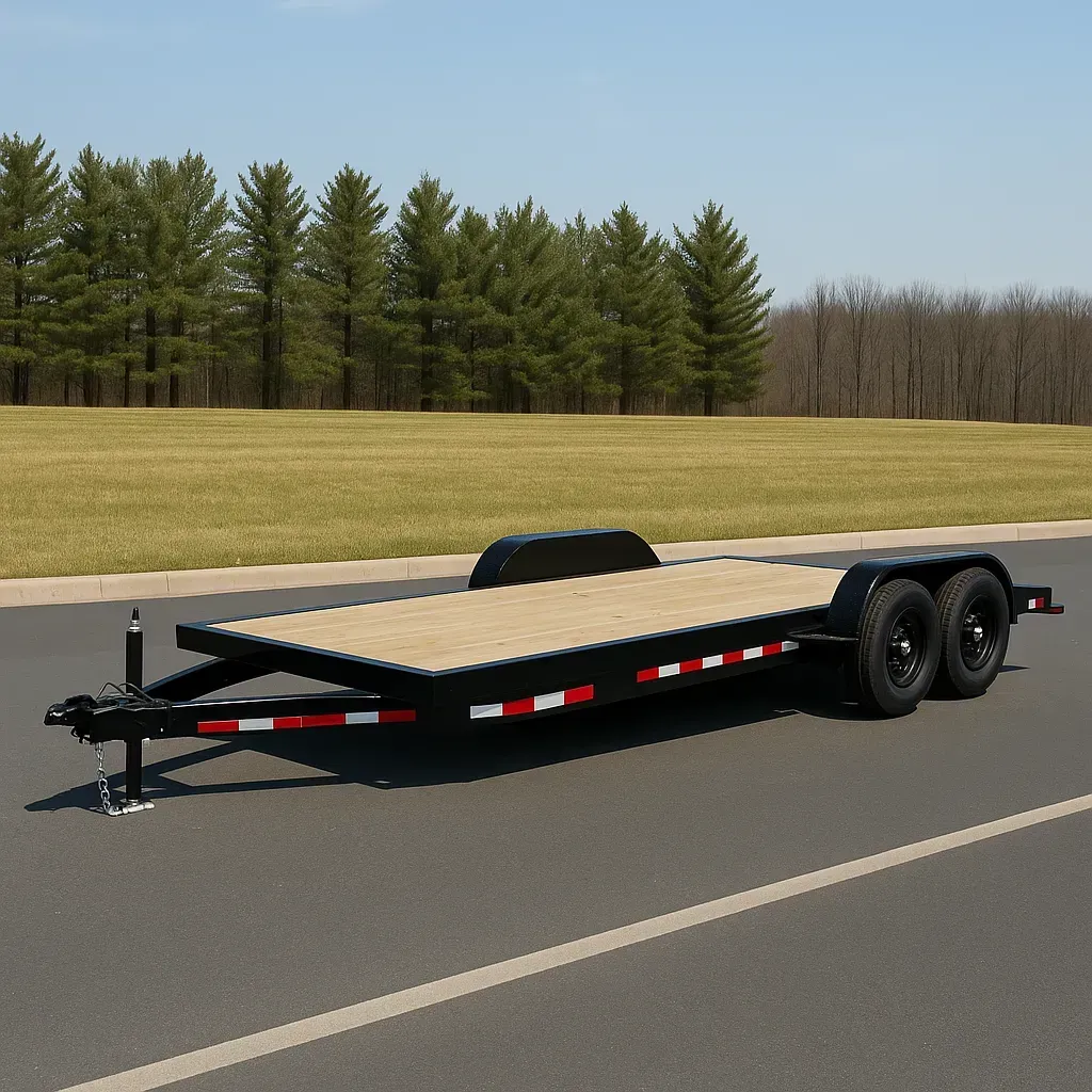A black car hauler trailer with a wooden deck parked on an asphalt road beside a grassy field and pine trees on a clear day. ​