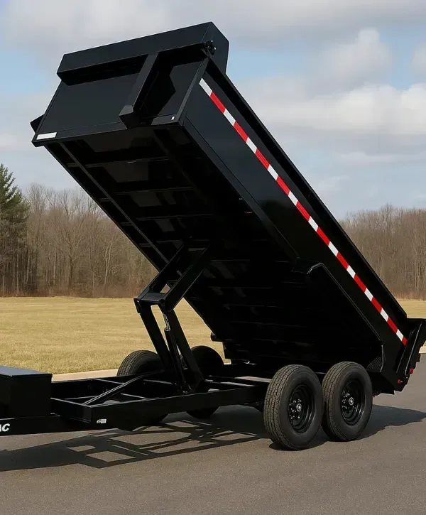 Black hydraulic dump trailer with raised bed on asphalt