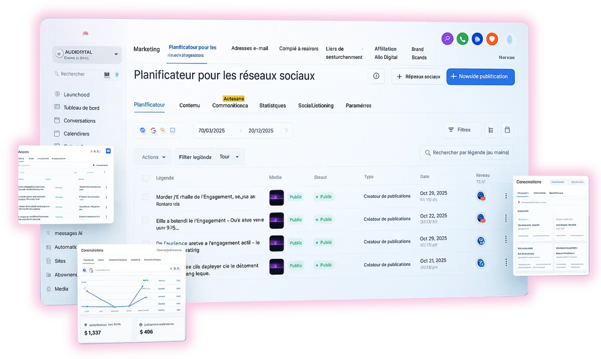 Capture d'écran de l'interface d'une plateforme de planification de réseaux sociaux, affichant un calendrier de publication, des statistiques, et des fonctionnalités d'IA.