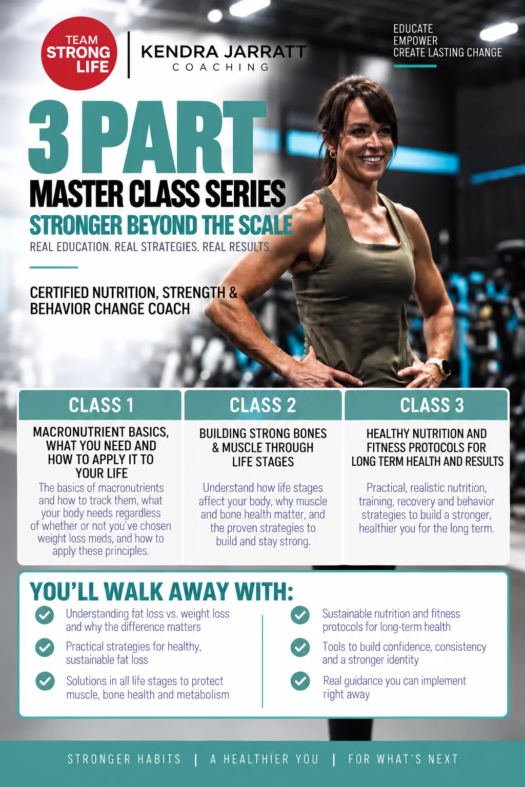 Promotional graphic for Kendra Jarratt’s 3-part “Stronger Beyond the Scale” fitness master class series with registration link.