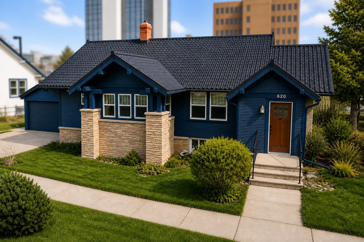 Front of 620 West Boulevard, a blue 1920 home with stone porch pillars, front steps and a one-car attached garage
