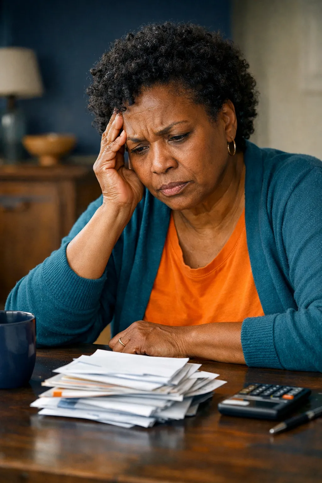 A concerned older adult reviewing credit card statements