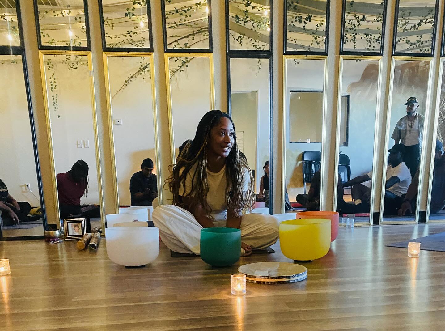a person standing on a yoga mat on the floor
