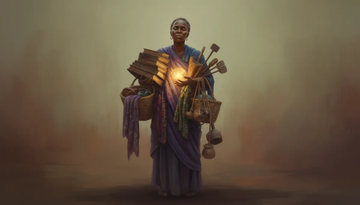 Ageless Black woman carrying the emotional weight of life alone, symbolizing hidden isolation, strength, and overfunctioning