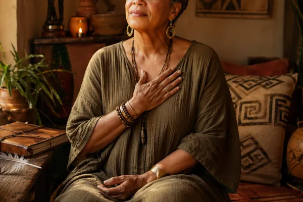 Mature Black woman seated near a sunlit window with one hand over her heart, surrounded by a candle, flowers, water bowl, feather, and journal in a warm ancestral inspired space.