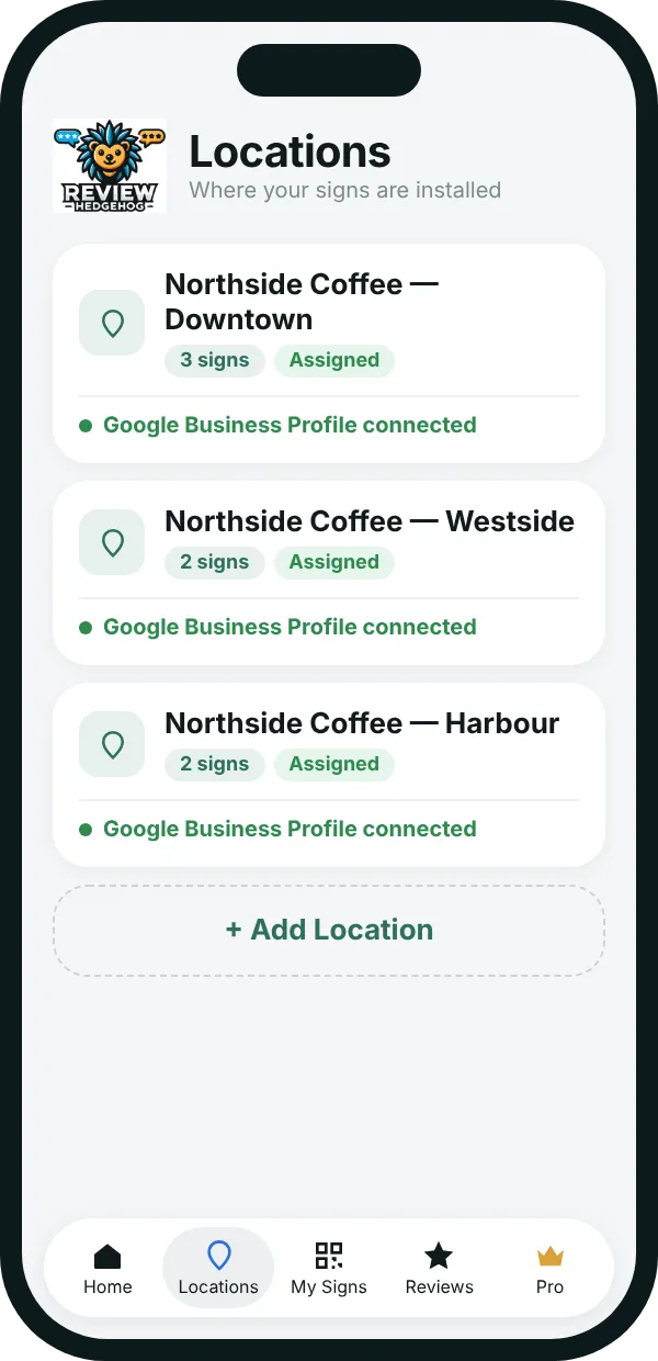 Review Hedgehog mobile screen showing live review tracking feed and customer ratings