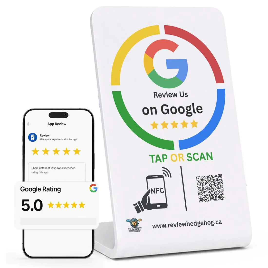 Review Hedgehog NFC Google Review stand floating cutout product shot
